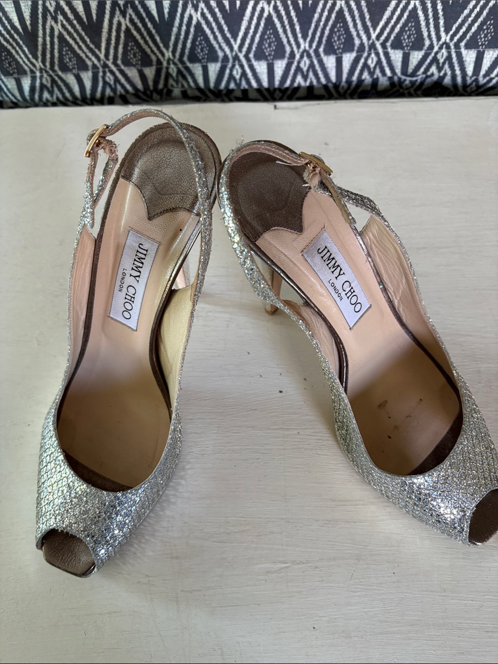 Jimmy Choo Silver Sparkle Peep-Toe Slingback Heels Sz 40/9.5-10